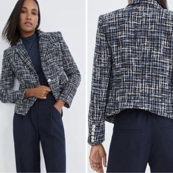 Veronica Beard Hosanna Plaid Tweed Cropped Dickey Jacket Blazer Size 6 Blue